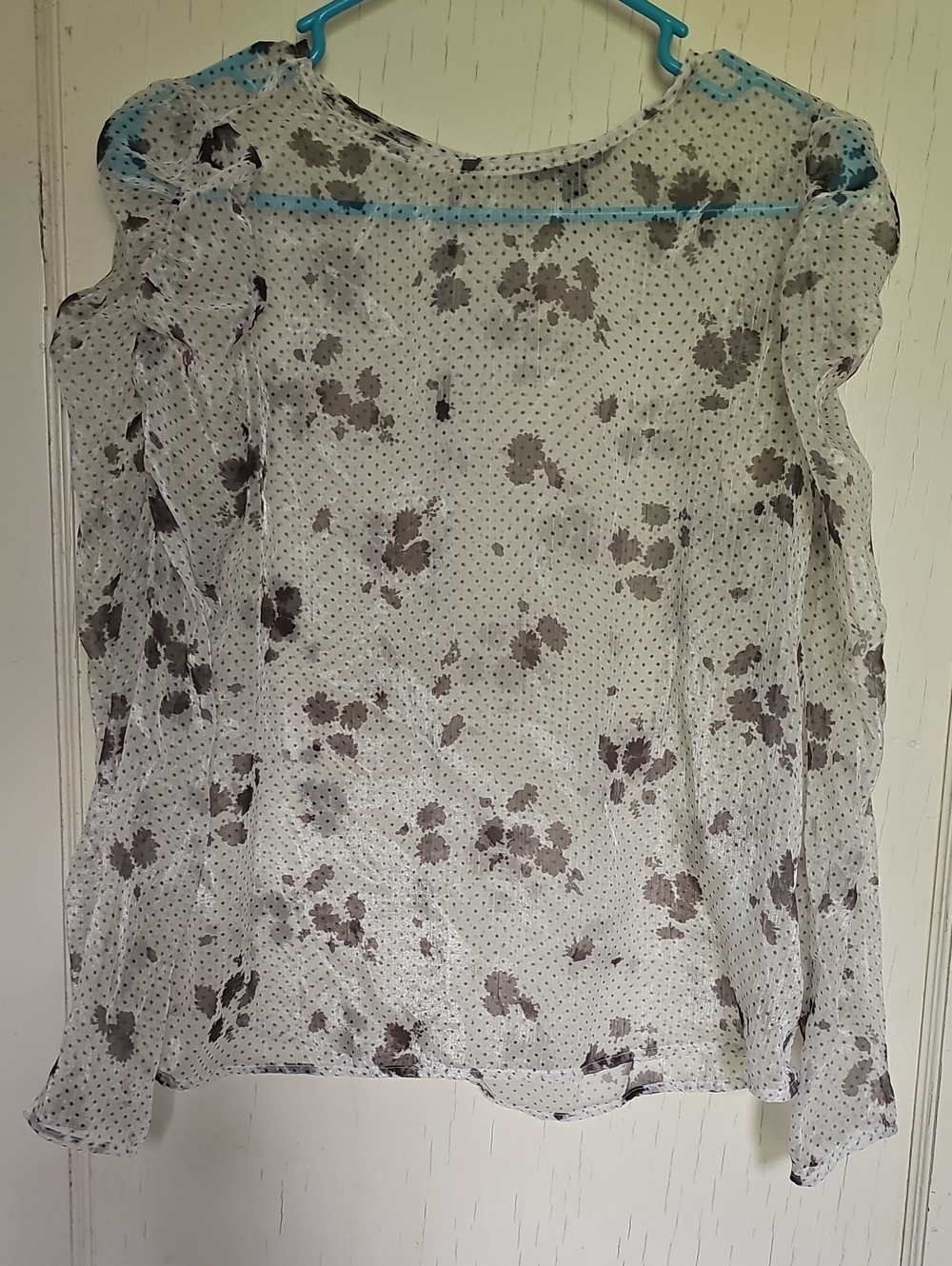 Sheer Floral Dot Long-Sleeve Women’s Top - White/Grey